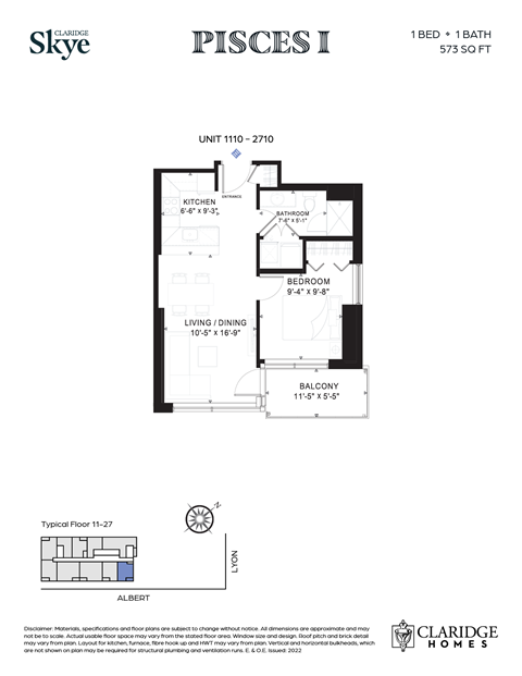 Floor plan for 1 bed, 1 bath, 573 sqft